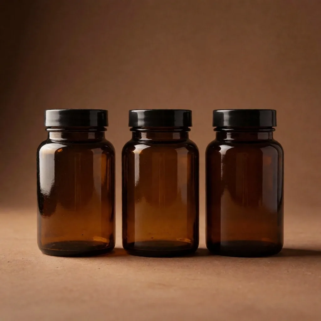 Amber supplement bottles on clay surface