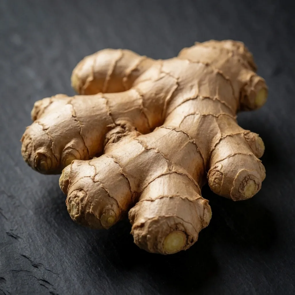 Fresh ginger root on a stone slab