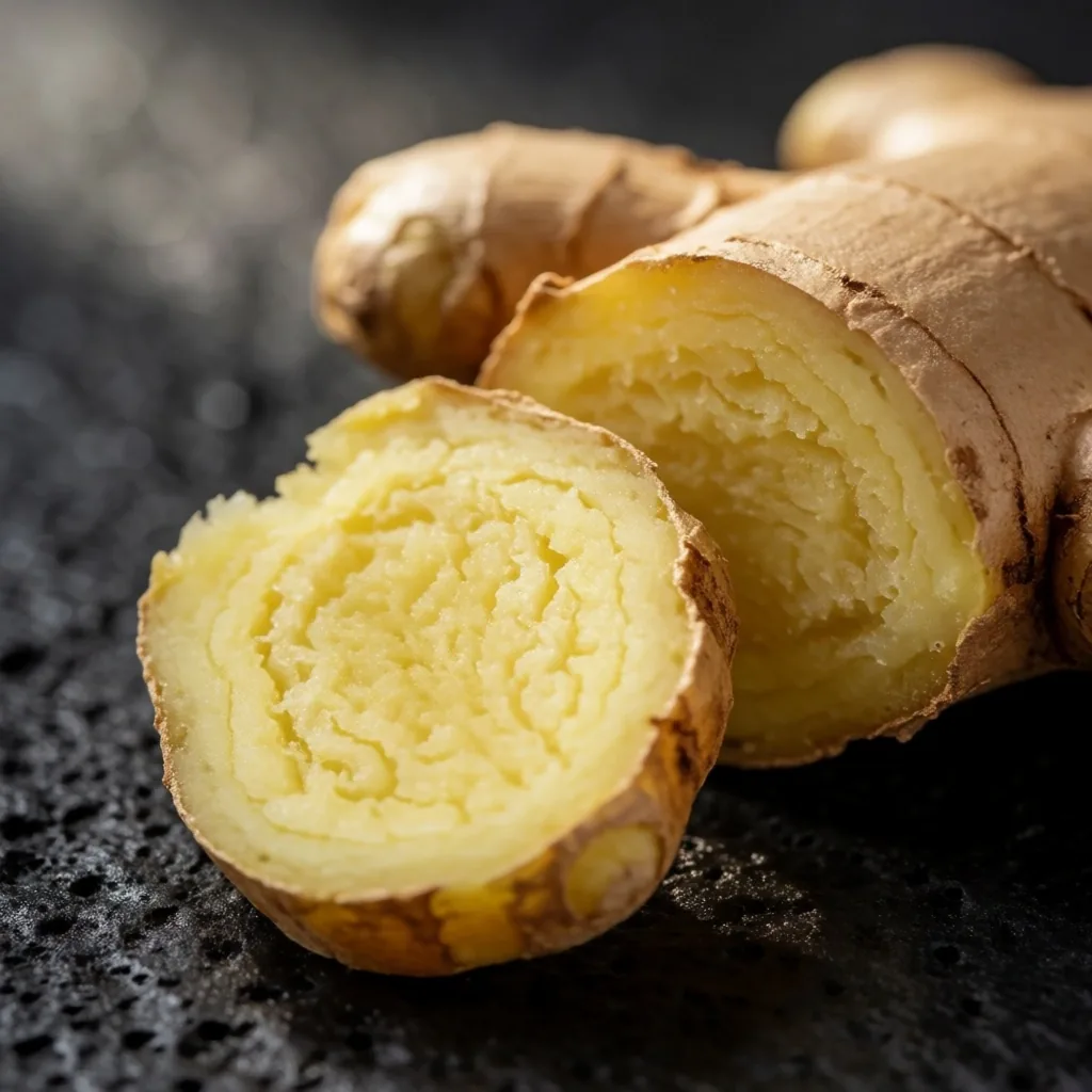 Fresh ginger root on a stone slab