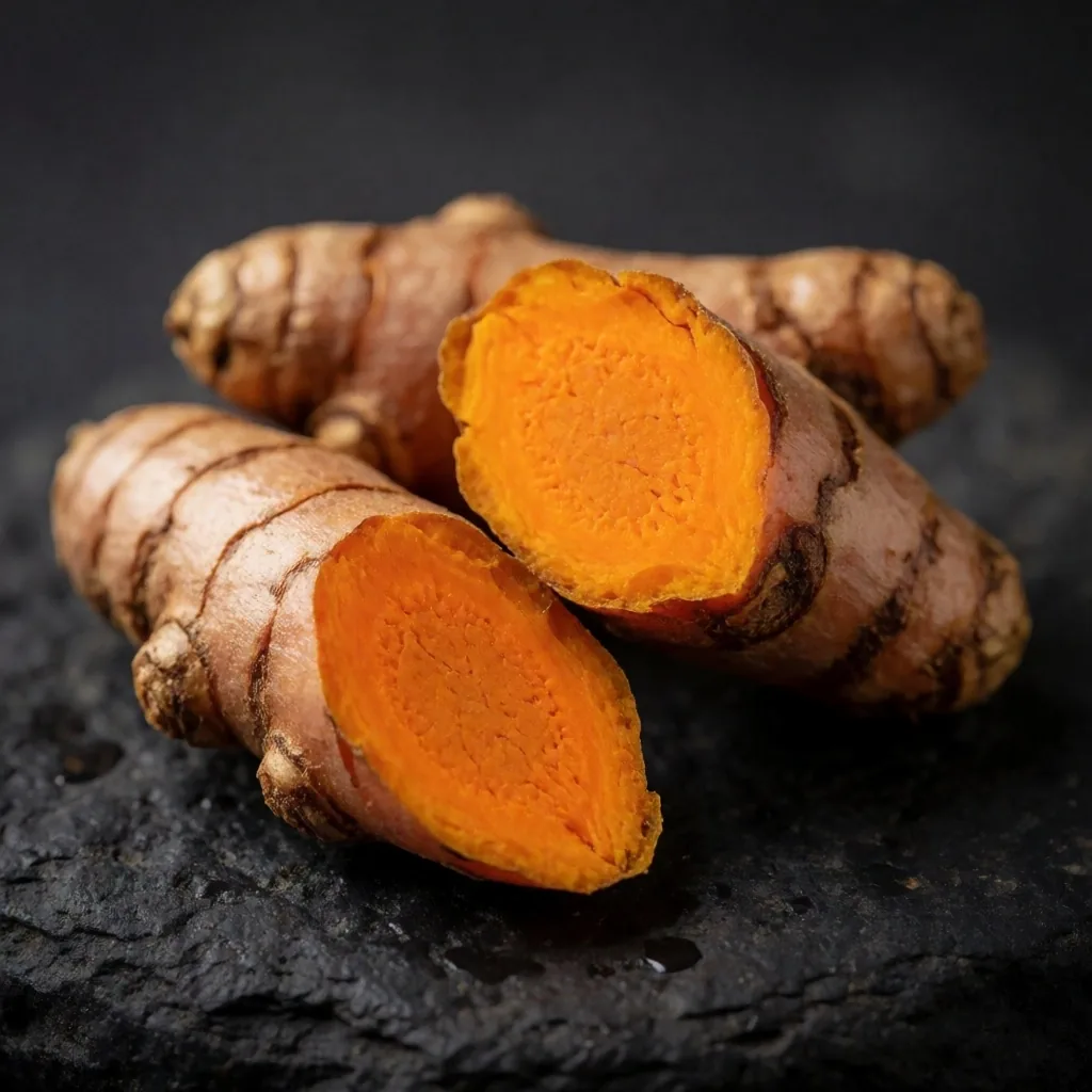 Turmeric root broken open on stone