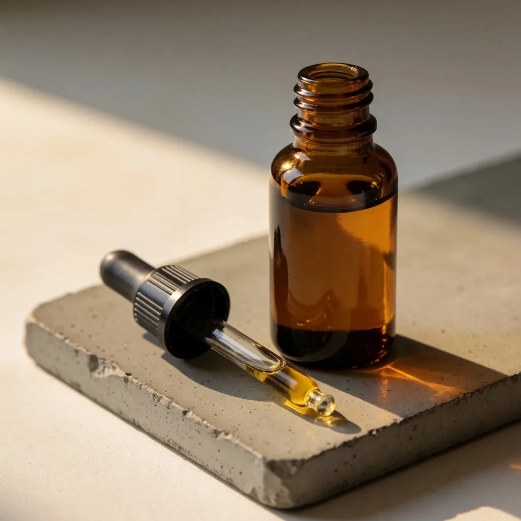 Amber glass tincture bottle on concrete