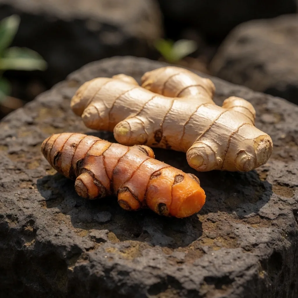 Fresh ginger root on a stone surface